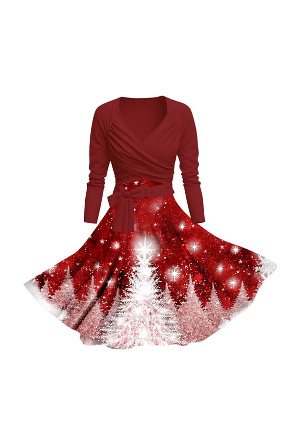 Christmas Dresses Womens Tea Dress Long Sleeve Xmas V Neck Dress With Belt Swing Party Dresses Soft Outfits Red S