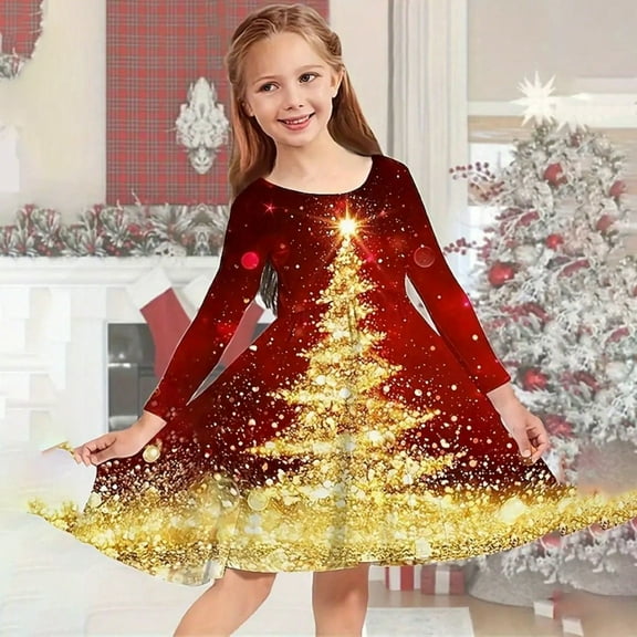 Adeawade Christmas Girl Dresses Long Sleeve Flower Dresses Children Christmas Tree Print New Years Flowy Sundress Xmas Round Neck Dress Lovely Midi Dresses Red 9-10 Years