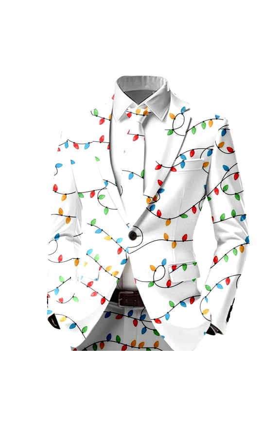 Christmas Men Blazers Jacket Long Sleeve Chrisitmas Crewneck Graphic Solid Color Prom Party Suit Jacket Cartoon Prints Coat Handsome Winter Clothes White 3Xl