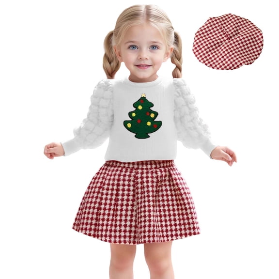 Adeawade Christmas Outfits For Girls Long Sleeve Top Pleated Skirt Hat Coordinated Toddler Kid Clothes Holiday Party Dress Winter Trend Simple Style Playsuit White 5-6 Years