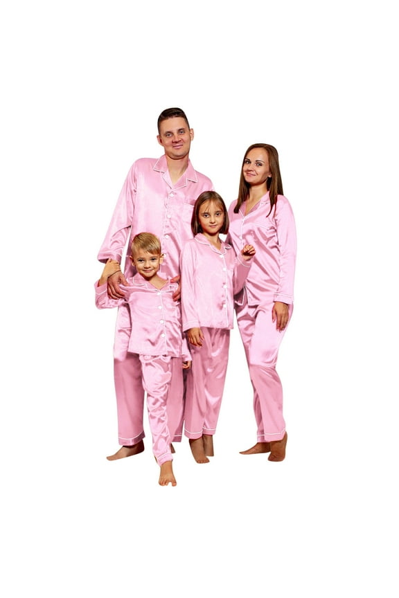 Christmas Pajamas Family Men Long Sleeve Solid Color Set For Men Satin Pajamas Sleepwear Pants Matching Family Pj'S Sleepwear Silk Crewneck Nightwear Basic Clothes Pink Xl