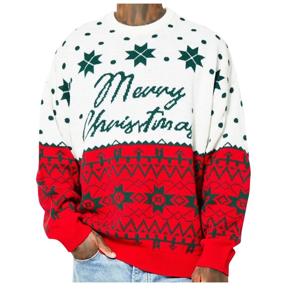 Adeawade Christmas Sweaters For Men Long Sleeve Crewneck Autumn And Winter Knitwear Jacquard Loose Pullover Sweater Letter Prints Xmas Cozy Top Retro Basic Wear White L