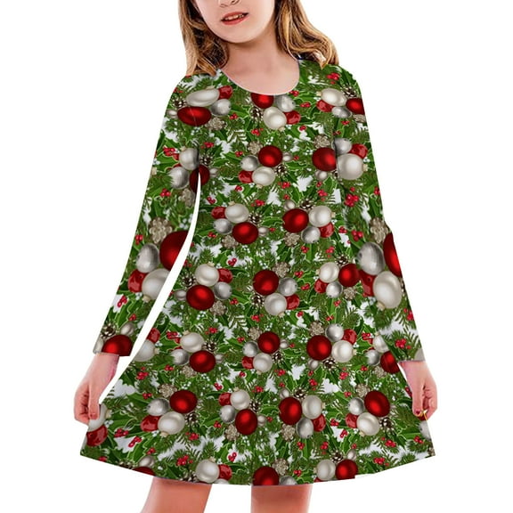 Adeawade Christmas Trees Deer Print Long Sleeve Party Princess Dress Kids Toddler Girls Crewneck Newyears Fall Winter Xmas Dresses Casual Midi Dresses Green 10-13 Years