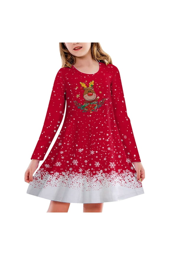 Christmas Trees Deer Print Long Sleeve Party Princess Dress Kids Toddler Girls Crewneck Newyears Fall Winter Xmas Dresses Sweet Playsuit Brown 10-13 Years