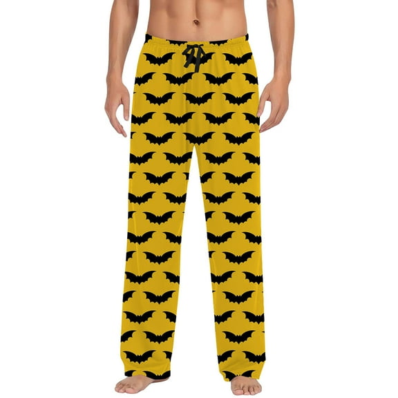 Adeawade Chritsmas Pants For Mens Festival Pajamas Bat Graphic Pj Bottoms Hallowmas Sleepwear Drawstring Pants With Pocket Wide Leg Slacks Casual Trousers Lightweight Home Wear Yellow M