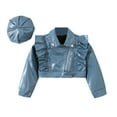thumbnail image 1 of Adeawade Cute Tops For Girls 3-4 Years Short Sleeve Leather Motorcycle Jacket Ruffle Spring Fall Pu Coat And Hat Round Neck Blouse Sweet Outfits Blue, 1 of 4