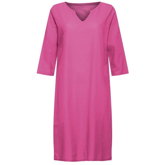Adeawade Dress For Women And Linen Short Sleeve Holiday Semi V Neck Mini Dress Solid Color Dress Basic Fashion Clothes Purple L