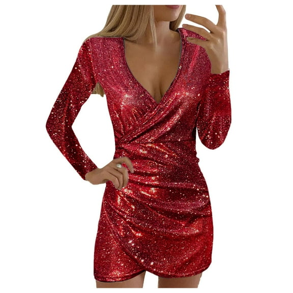 Adeawade Dress For Women Dress Long Self Cultivation Sleeve Lady Dresses Ladies Sequins Party Slim Neck Dress Simple Style Retro Daily Wear Red M
