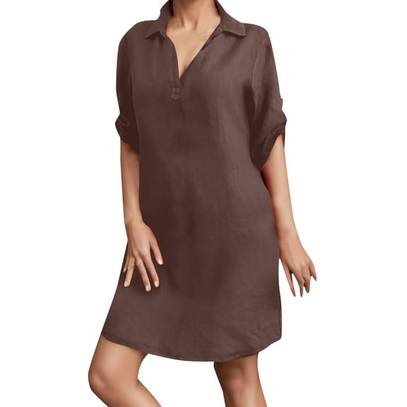 Adeawade Dress For Women Short Sleeve Linen Dress V Neck Solid Color Loose Beach Dress Lightweight Fashion Daily Wear Brown L