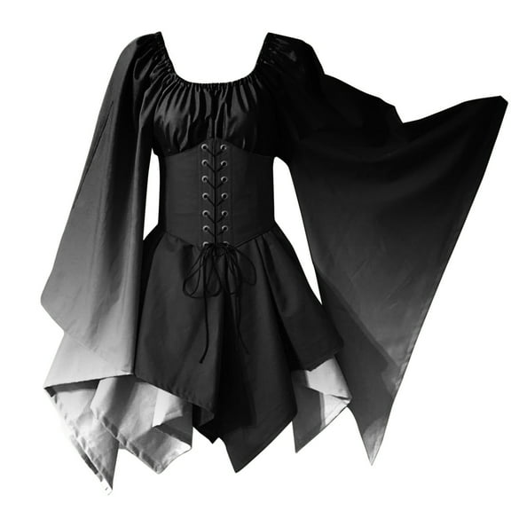 Adeawade Dress For Women Flared sleeves Irish Shirt Dress With Corset Traditional Dress Halloween Ladies Long Sleeve Corset Dress Round Neck Dresses Basic Fashion Clothes Black L