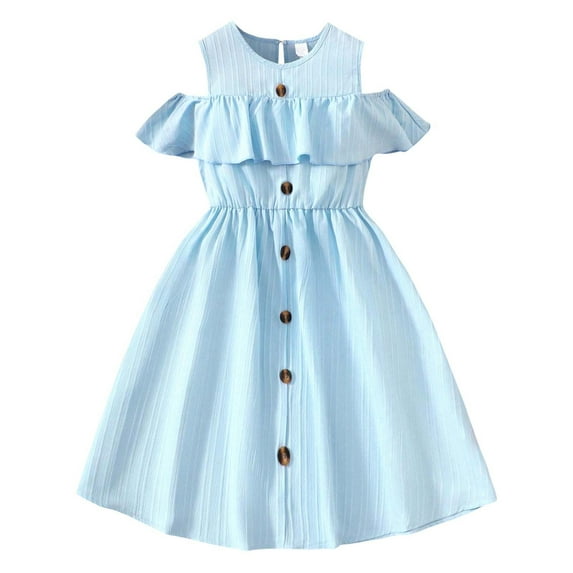 Adeawade Dresses For Girls 11-12 Years Solid Color Summer Dress Sleeveless Round Neck Button Party Kids Beach Outfit Casual Outfits Blue