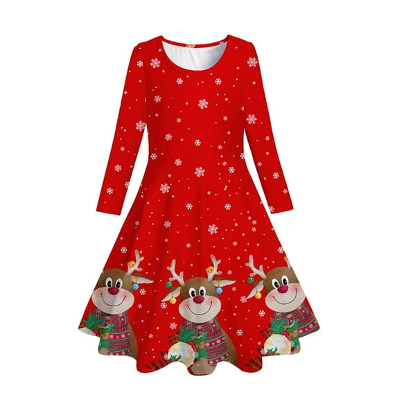 Adeawade Dresses For Girls Christmas Long Sleeve Cartoon Prints Xmas Dresses Crewneck Dress Adorable Wear Size 8-9 Years Watermelon Red
