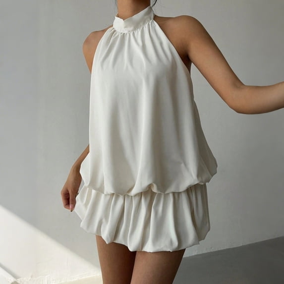 Adeawade Dresses For Girls Sleeveless Off Shoulder Neck Bodycon Mini Dress With Flared Skirt Summer Beach Charm Clothes M White