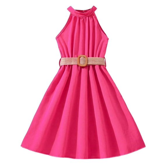 Adeawade Dresses For Girls Summer Sleeveless Color Match Halterneck Dress Fashion Wear Size 7-8 Years Hot Pink