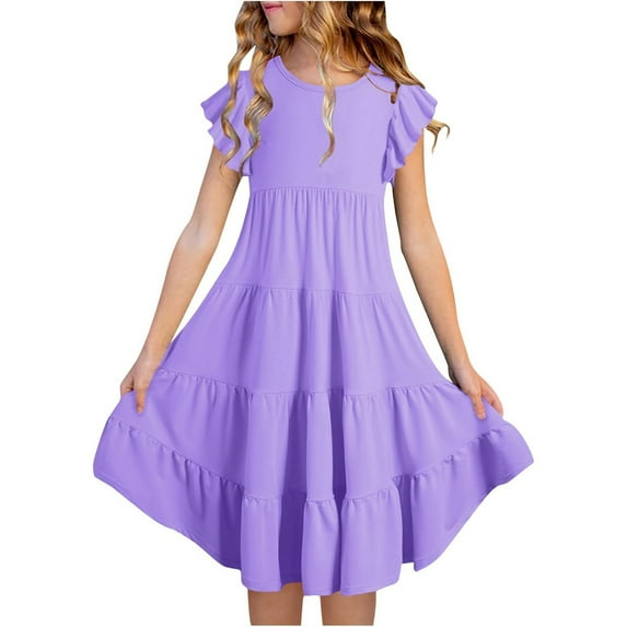 Adeawade Dresses For Girls Summer Sleeveless Dress Solid Color Crewneck Flowy Dresses Elegant Playsuit Size 8-9 Years Purple