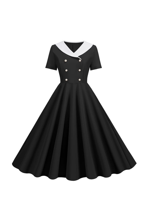 Dresses For Women Summer Explosion V Neck Short Sleeved Solid Color Retro Double Button Big Swing Dress Basic Classic Daily Wear Black Xl