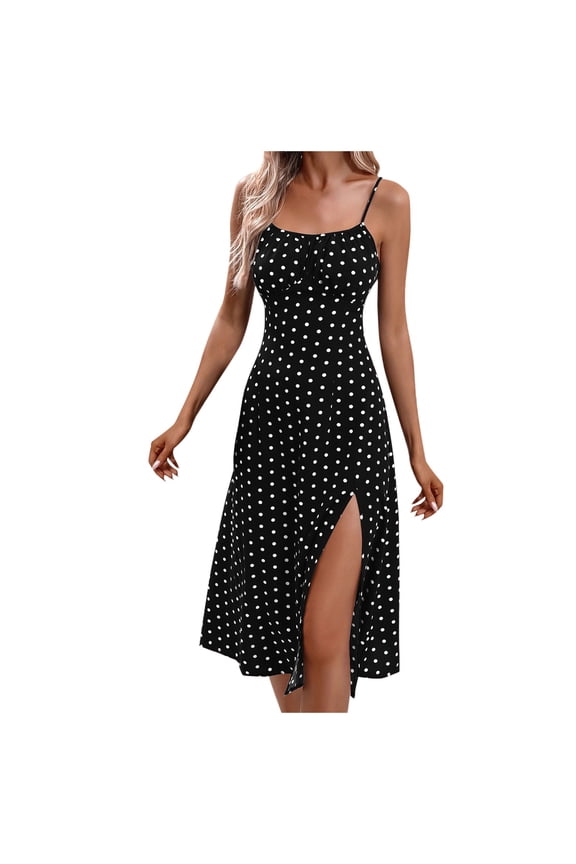 Dresses For Women Sleeveless Ladies Polka Split Floral Suspender Lace Slim Waist Dress Round Neck Dresses Simple Style Elegant Clothes Black L