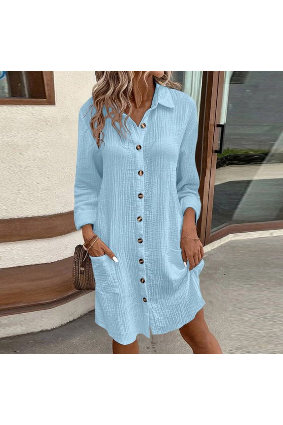 Elegant Dresses For Women Round Neck New Flowy Solid Color Button Mid Length Long Sleeve Loose Shirt Flowy Dress Adorable Clothes S Bu1