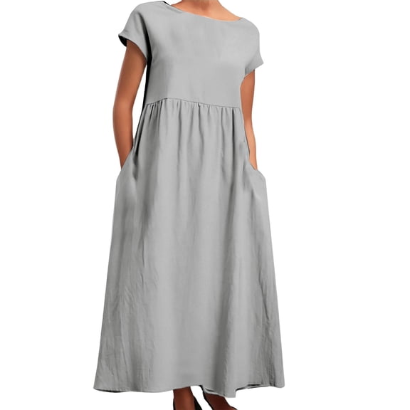 Adeawade Elegant Dresses For Women Sleeveless Round Neck Solid Color Loose Linen Dress With Side Pockets Basic Streetwear Light Gray S
