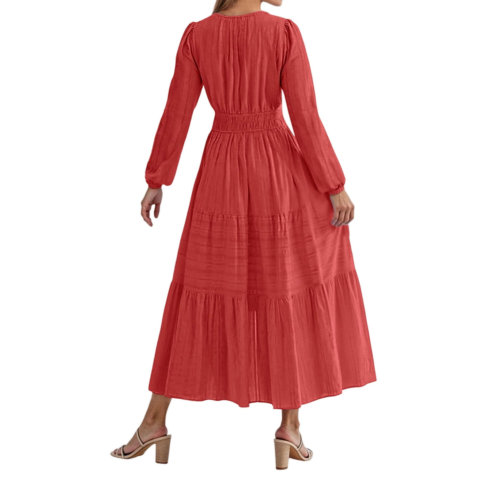 Adeawade Elegant Dresses For Women V Neck Long Sleeve Waist Define Tiered  Ruffle Sleeve Flowy Midi Dress Trend Commute And Outings Wear Red M -  Walmart.com