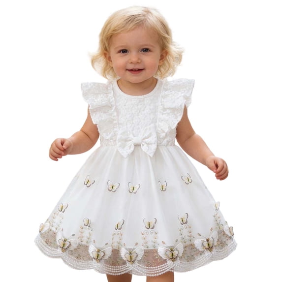 Adeawade Flower Girl Dress 12-18 Months Crewneck Summer Dress With Flutter Sleeves Party Gown For Birthday Basic Clothes White