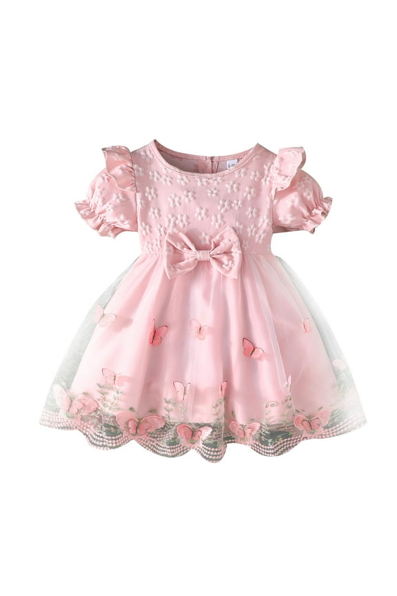 Flower Girl Dress 9-12 Months O Neck Summer Western Style Short Sleeved Small Floral Shawl Style Dress Casual Wear Pink
