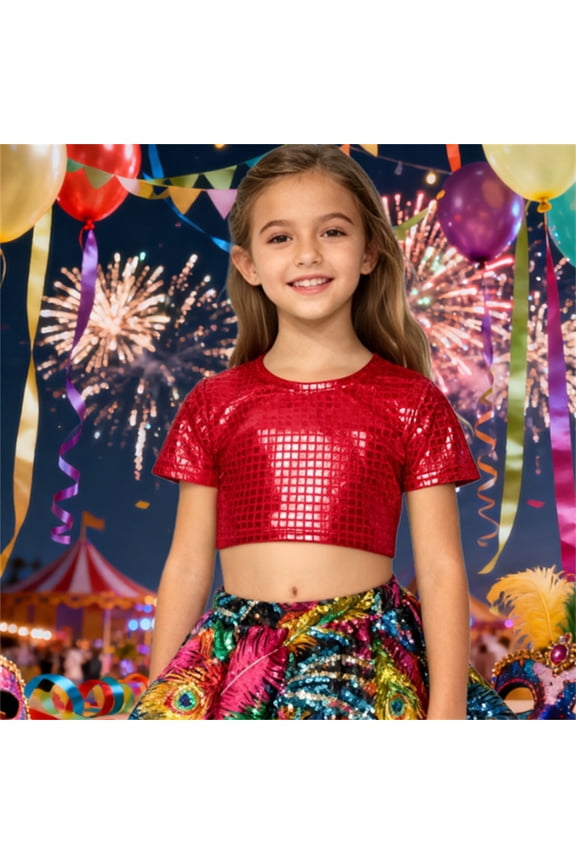 Girl Carnival Tops Short Sleeve Girls Grid Glitter Crop Top For Stage Performance Wear Round Neck Tee Casual Wear 3-4 Years Red