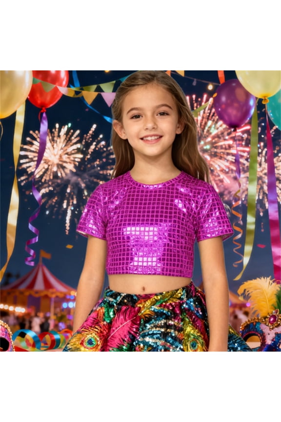 Girl Carnival Tops Short Sleeve Girls Grid Glitter Crop Top For Stage Performance Wear Round Neck Tee Relax Fit Clothes 17-18 Years Hot Pink