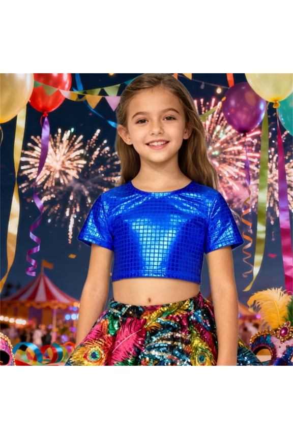 Girl Carnival Tops Short Sleeve Girls Grid Glitter Crop Top For Stage Performance Wear Round Neck Tee Relax Fit Wear 3-4 Years Blue
