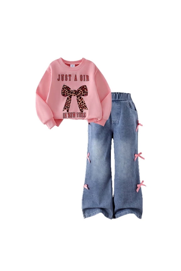 Girl Clothes Crewneck Long Sleeve Outfit Leopard Print Bow Sweatshirt With Flared Denim Pants And Cool Two Piece Versatile Outfits Summer Clothings Pink 6-7 Years