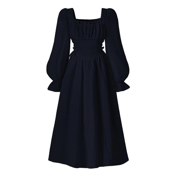 Adeawade Girl Dress 10-11 Years Solid Color French Square Neck Party Dress With Puff Sleeves Waist Defining Flared Gown Simple Outfits Navy