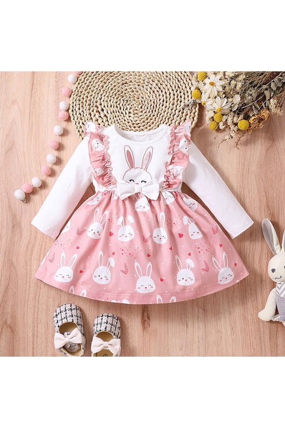 Girl Easter Dresses Crewneck Bunny Dress For Baby Girl Ruffle Skirt Bow Long Sleeve Outfits Spring Birthday Basic Wear 18-24 Months Red