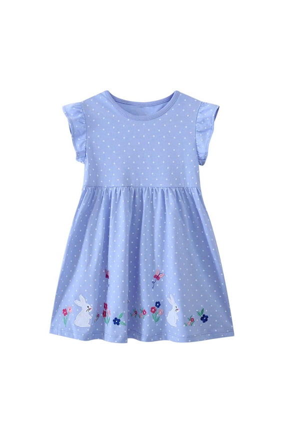 Girl Easter Dresses Girls Short Sleeve Knit Dress Solid Color Buny Embroidery Summer Outfit Cute Wear 3-4 Years Blue