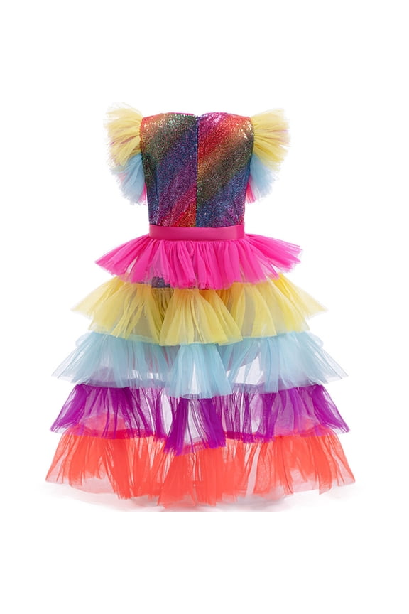 Girl Summer Dress 6-7 Years Sleeveless Round Neck Sundress Mardi Gras Party Dress Rainbow Sequin Tiered Tutu Outfit Relax Fit Playsuit Hot Pink