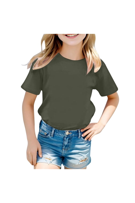 Girl T Shirts Short Sleeve Tops Crewneck Tee Solid Color Blouse Fashion Spring Summer Clothing Army Green 6-7 Years