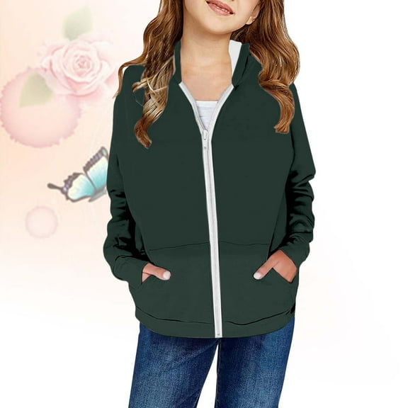 Adeawade Girl Tops Long Sleeve Tee Hooded Zip Up Sweatshirt Outerwear Fall Jacket For Blousen Youth Round Neck T Shirts Retro Spring Wear 6-7 Years Army Green