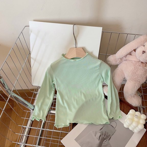 Adeawade Girl Tops Long Sleeve Tee Solid Color Collar Long Sleeve Blouse Ruffle Trim Layering Blouse Shirt For Toddler And Kids Top Crewneck T Shirts Retro Summer Wear 7-8 Years Green