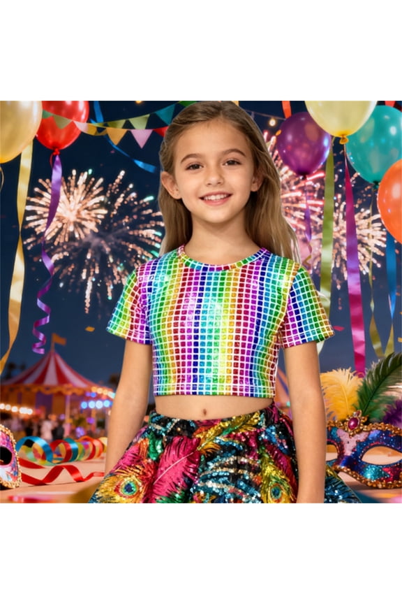 Girl Tops Short Sleeve Girls Grid Glitter Crop Top For Stage Performance Wear Round Neck Tee Classic Wear 3-4 Years Multicolour