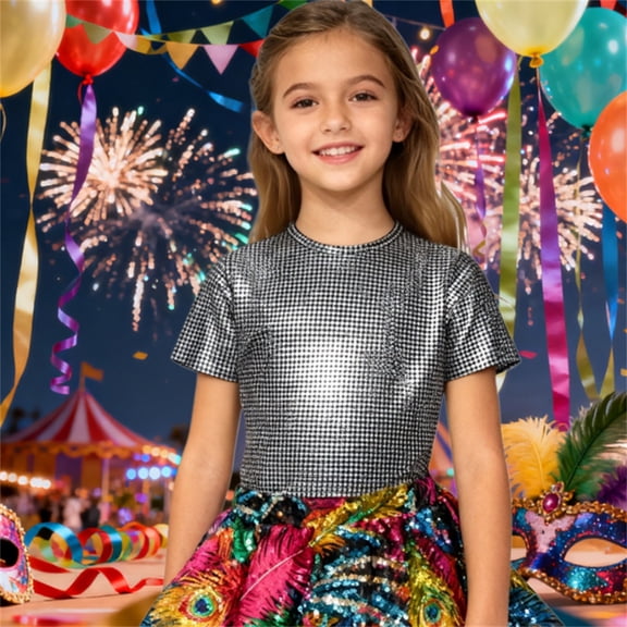 Adeawade Girl Tops Short Sleeve Girls Sequin Performance Top Dance Shirt Stage Sparkly Glitter Tee For Kids Show Round Neck Tee Classic Wear 9-10 Years Black