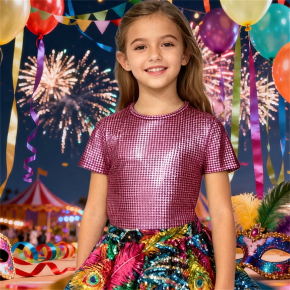 Adeawade Girl Tops Short Sleeve Girls Sequin Performance Top Dance Shirt Stage Sparkly Glitter Tee For Kids Show Round Neck Tee Trend Wear 9-10 Years Red