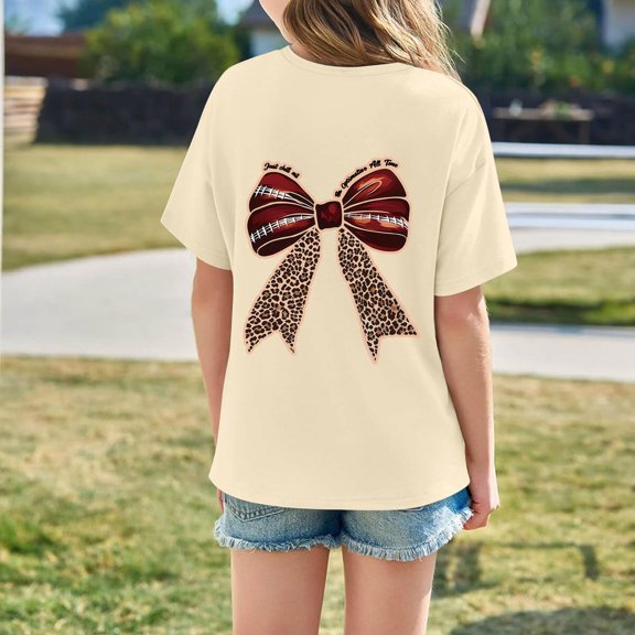 Adeawade Girl Tops Short Sleeve Round Neck T Shirts Tee For Lightweight Top Pretty Bow For Playful Summer Styles Shirt Relaxed Fit Kids Tee Relax Fit Playsuit 3-4 Years Beige