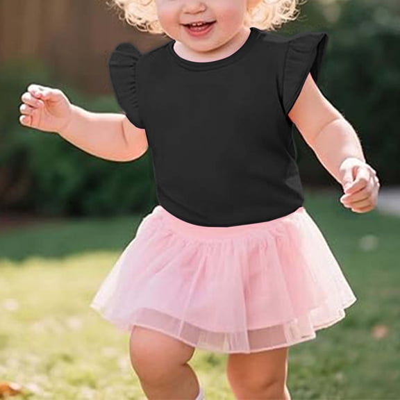 Adeawade Girl Tops Short Sleeve Solid Color Round Neck T Shirts Summer Floral Lace Blouse Blouse For Toddler Baby Infant Everyday Outfit Outdoor Activities Tee Trend Clothes 8-9 Years Black