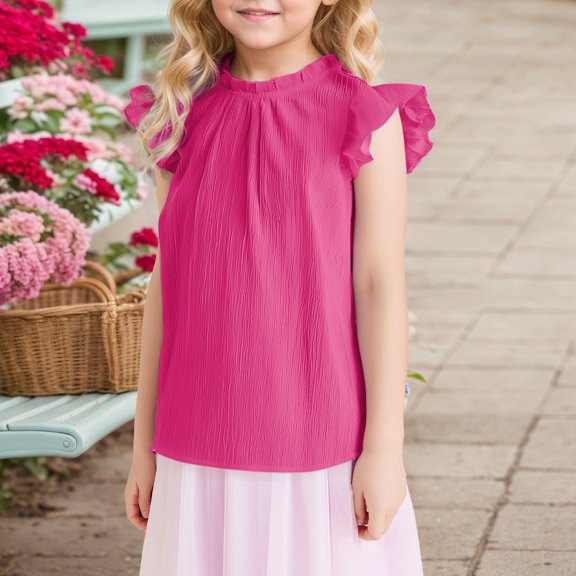 Adeawade Girl Tops Short Sleeve Solid Color Ruffled Girl Ruffled Neck Pleated Texture Shirt Tee Round Neck T Shirts Soft Playsuit 13-14 Years Hot Pink