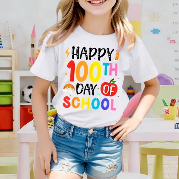 Adeawade Girl Tops Short Sleeve T Shirt Cartoon Print Summer Top For Toddler Kids And Blousens Tee O Neck T Shirts Classic Clothes 5-6 Years White