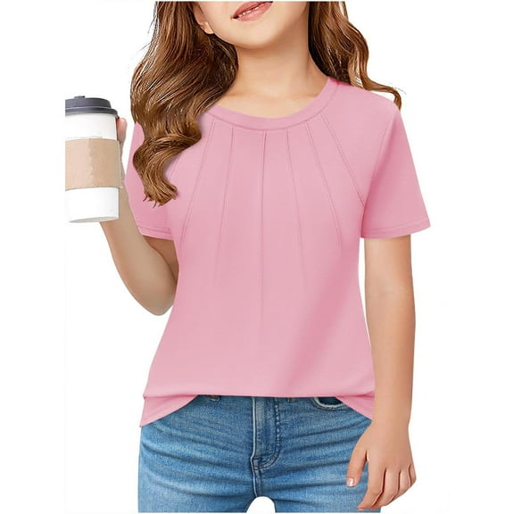 Adeawade Girl Tops Short Sleeve T Shirts Crewneck Tee Pleated Kids Summer Blouses Relax Fit Clothes 5-6 Years Pink