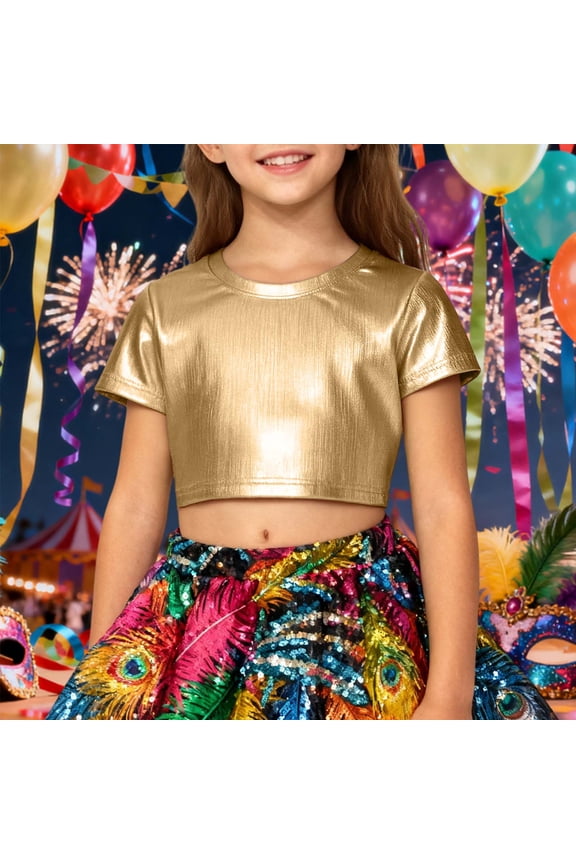 Girl Tops Short Sleeve Unisex Striped T Shirt With Allover Sequins Reflective Loose Fit Dance Top For Kids Adults Round Neck Tee Relax Fit Playsuit 3-4 Years Gold