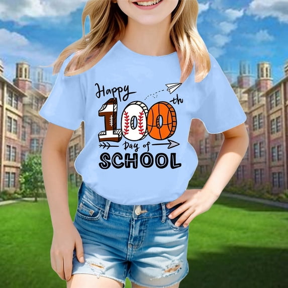 Adeawade Girls Crewneck Tee Short Sleeve Cartoon Prints T Shirt Tops Adorable Daily Wear Light Blue 6-7 Years