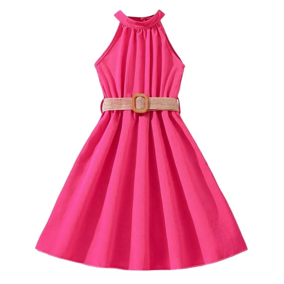Adeawade Girls' Dresses Summer Sleeveless Color Match Halterneck Dress Lovely Outfits Size 8-9 Years Hot Pink