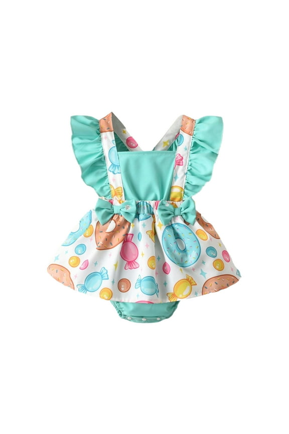 Girls Onesies 0-3 Months Round neck Ruffles Fly Sleeve Floral Embroider Romper Bodysuits Dress Summer Newborn Clothes Mint Green