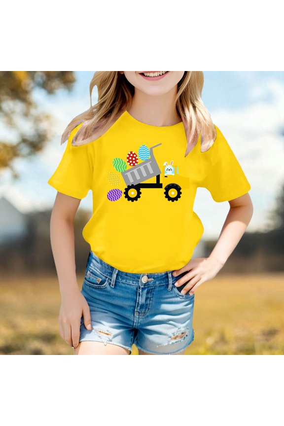 Girls Short Sleeve Tee Cartoon Prints T Shirt Round Neck Tops Classic Daily Wear Yellow 8-9 Years